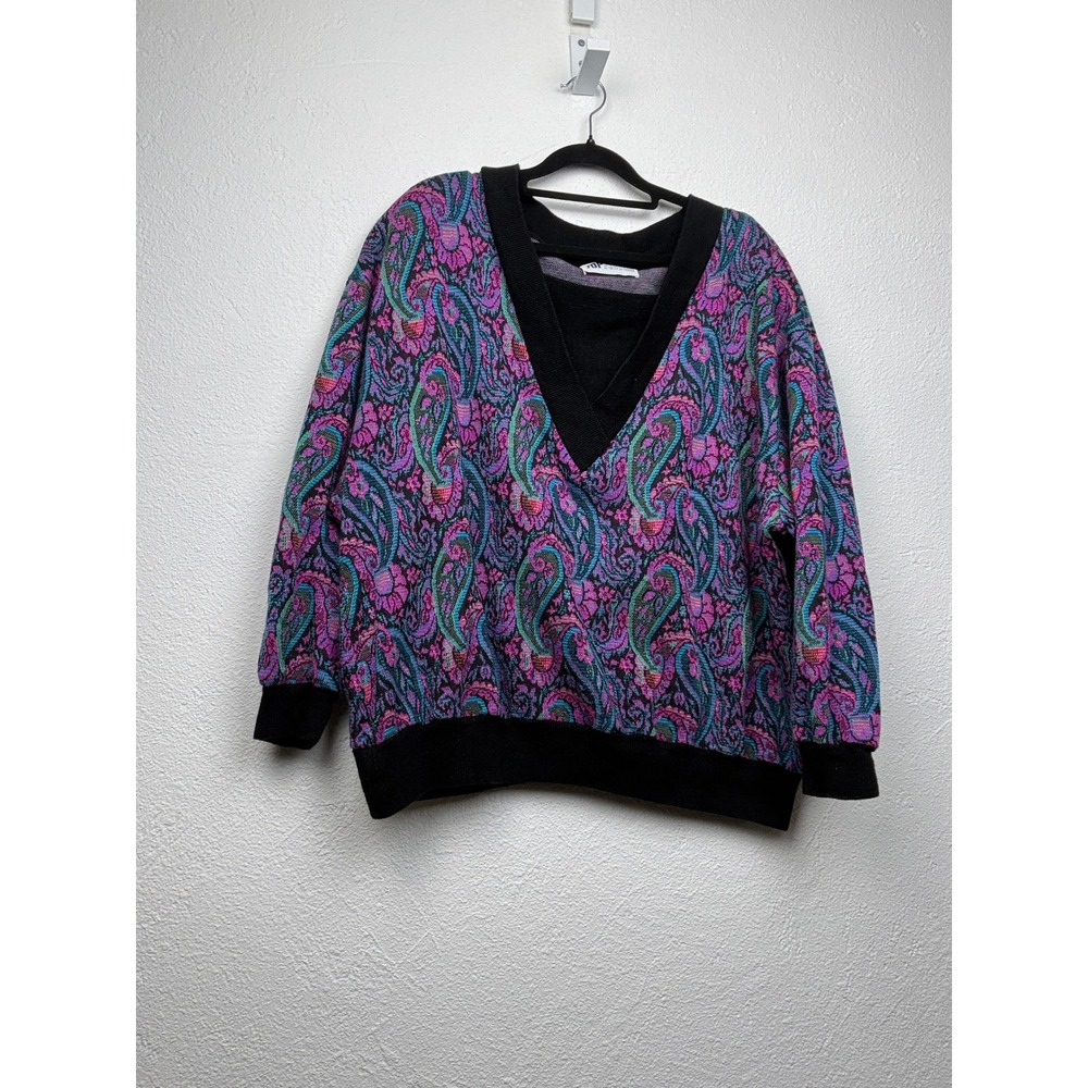 Top Notch Multicolor Paisley V-Neck Sweater - Large - Vintage Retro Knit 90s